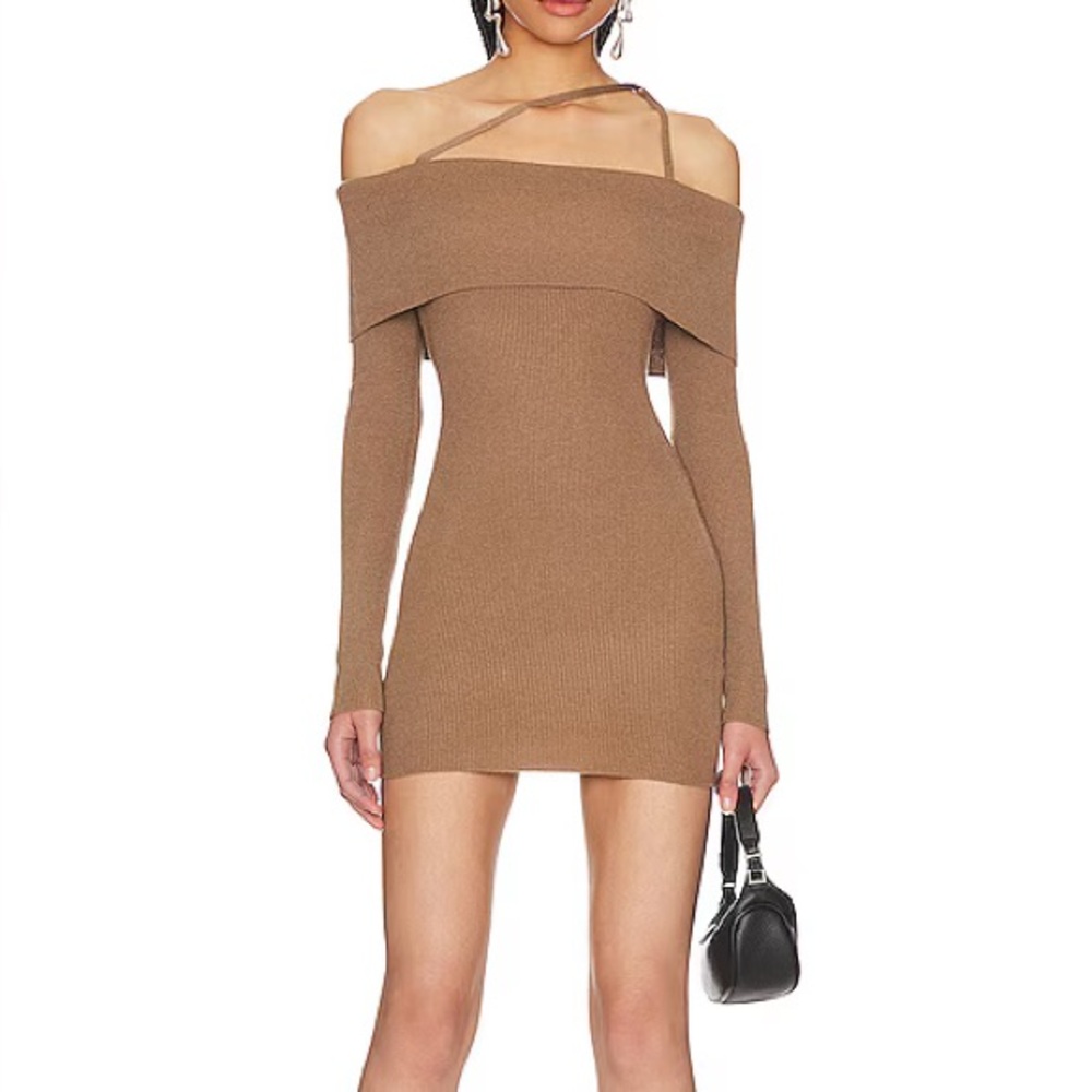 NBD Off-Shoulder Long Sleeve Dress in Brown